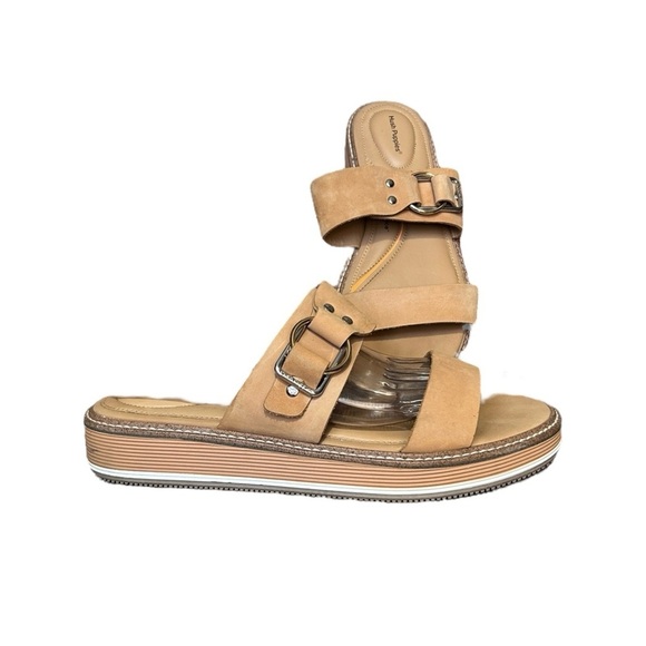 HUSH PUPPIES Malti Leather Sandal Slide sz 9.5M Tan Straps Open Toe Wedge Heel - Picture 2 of 9